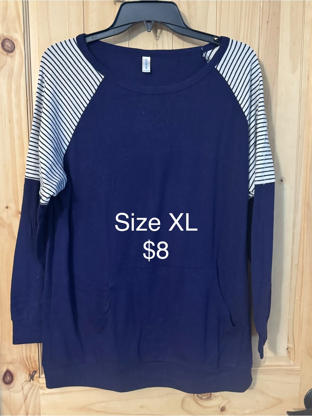 Source Unknown Navy Crewneck Pullover with White Striped Raglan Sleeves